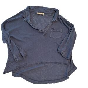 Free People Slub Knit Linen Blend Pocket Top Blue Size Small